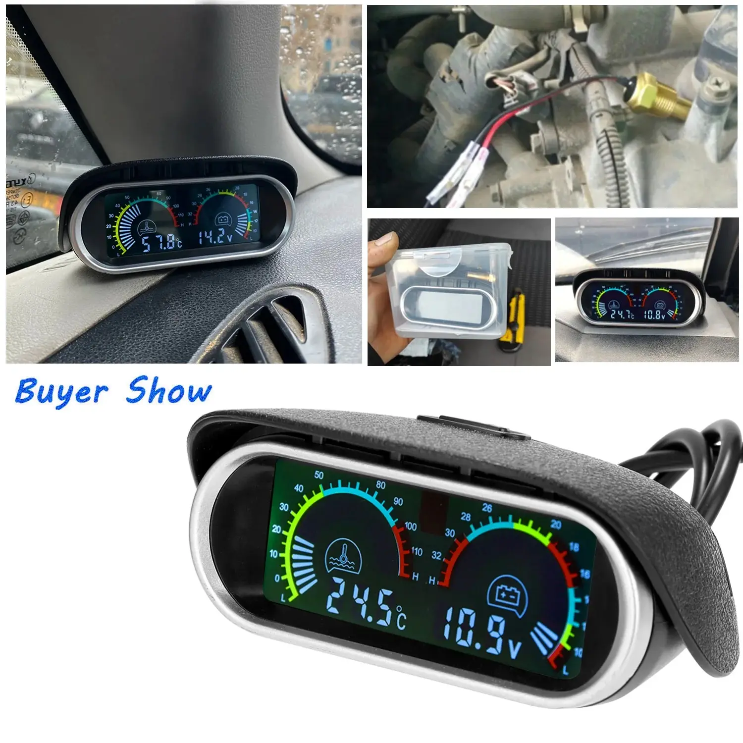 2 in 1 LCD Car Water Temp Gauge + Water Temperature Sensor 10mm Meter Voltmeter Voltage Digital