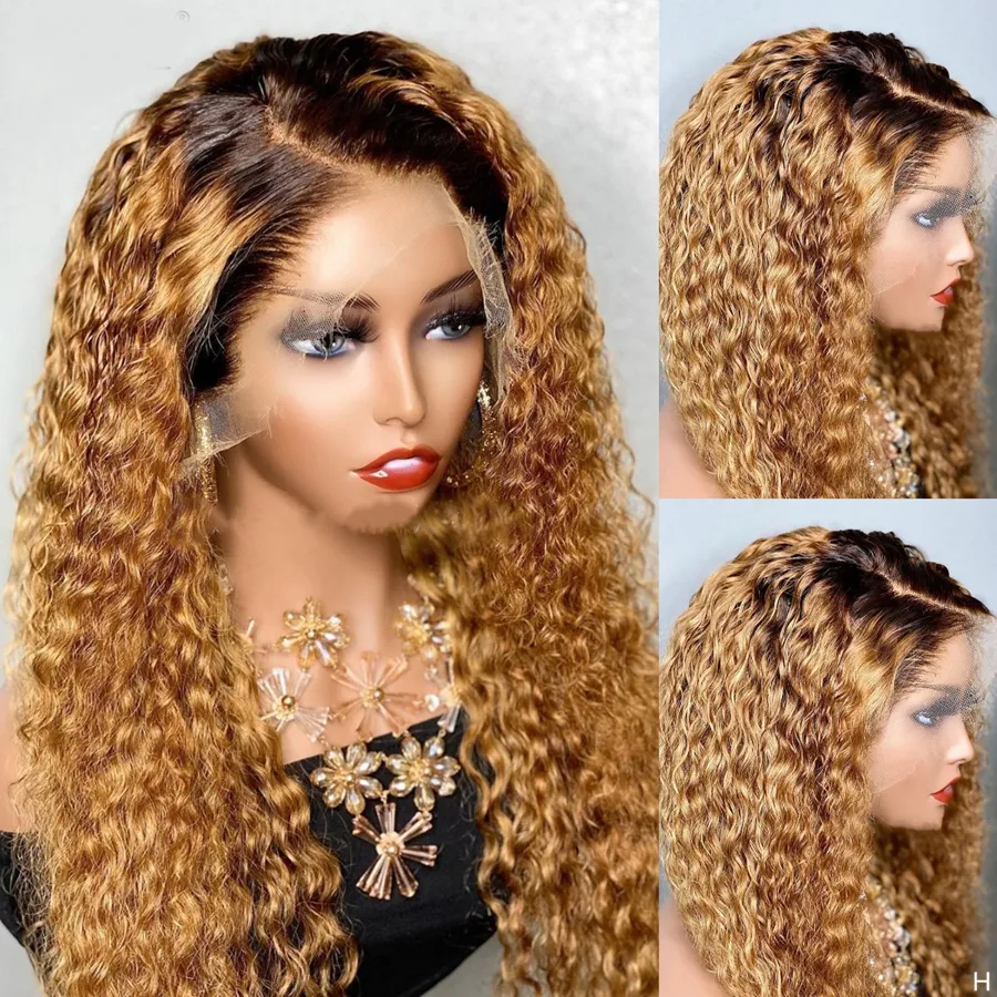 Soft 26"Long Ombre Honey Blonde Preplucked 180Density Glueless Kinky Curly Lace Front Wig For Black