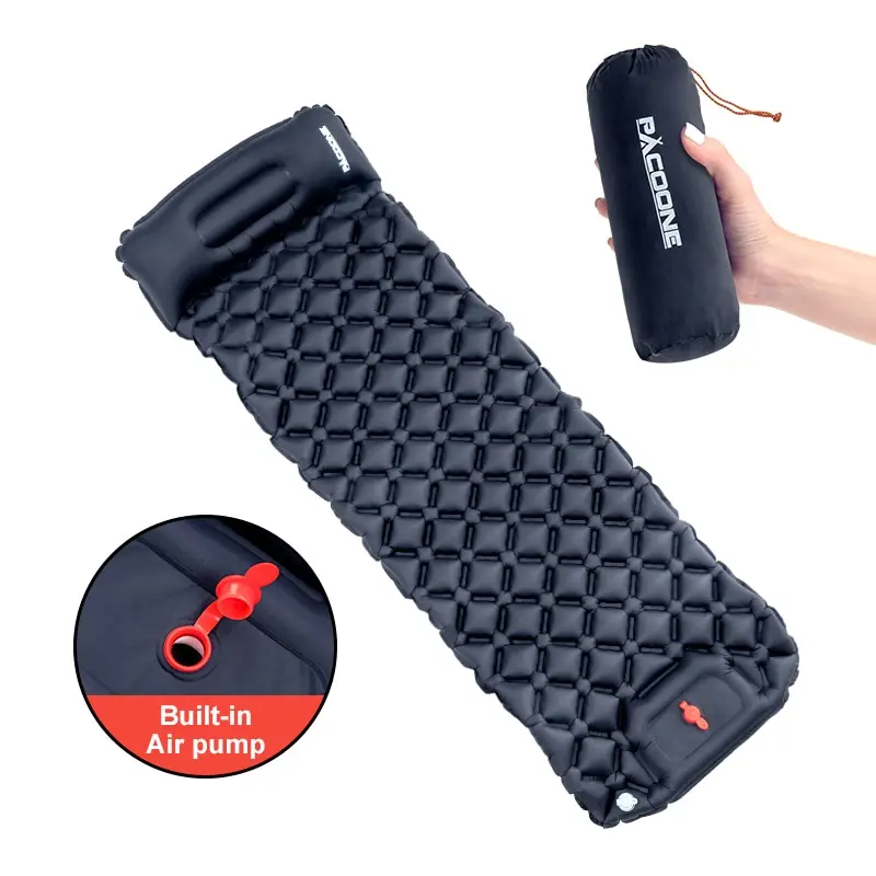 Outdoor Camping Inflatable Mattress Sleeping Pad With Pillows Ultralight Air Mat Built In Inflator