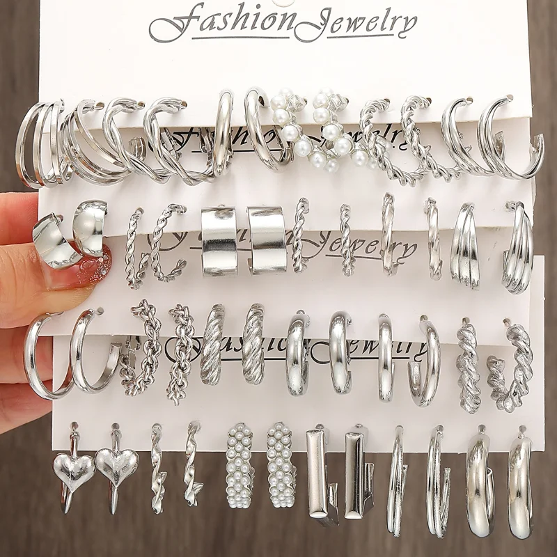 6pcs/set Silver Color Geometric Pearl Twist Hoop Earrings For Women Vintage Metal Heart Circle
