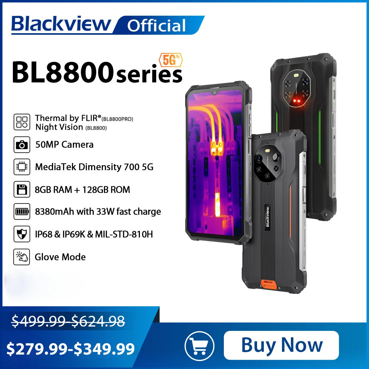 Câmera Blackview Thermal Imaging, BL8800 Pro, FLIR®Telefone 5G à prova d'água robusto, Smartphone,