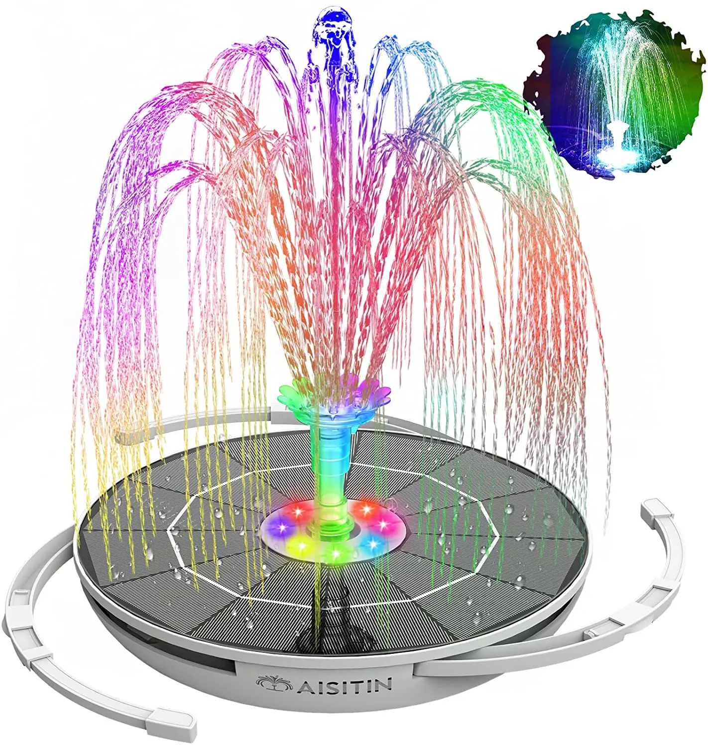 6.5W Solar Fountain Pump Built-in 5000mAh Battery, Solar Powered Water Fountain Pump with LED Lights