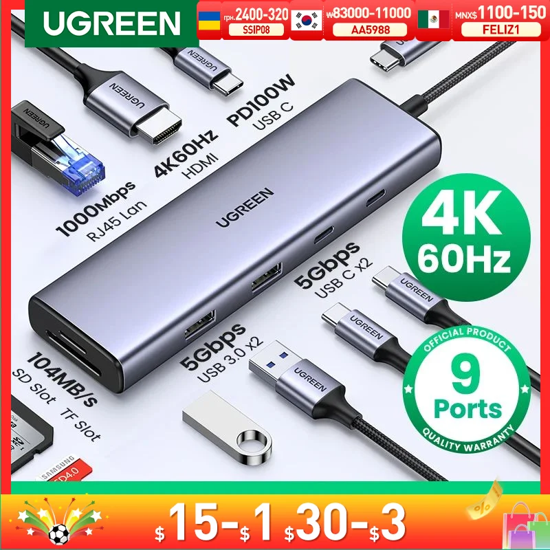 Ugreen usb c hub 4k 60hz tipo c para hdmi 2.0 rj45 pd 100w adaptador para macbook ar pro ipad pro m2