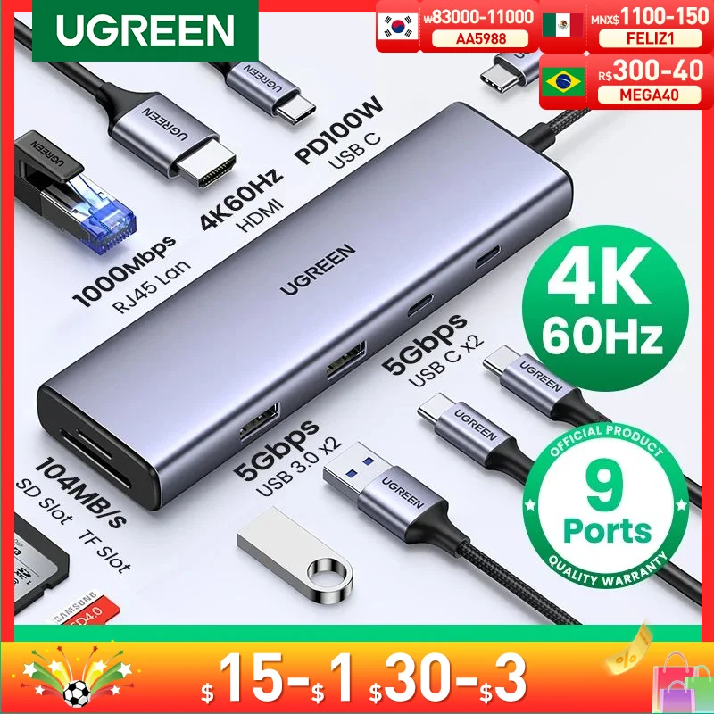 Ugreen usb c hub 4k 60hz tipo c para hdmi 2.0 rj45 pd 100w adaptador para macbook ar pro ipad pro m2