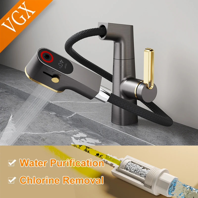 VGX Multifunktions Bad Armaturen Herausziehen Becken Mischer Waschbecken Wasserhahn Gourmet LED