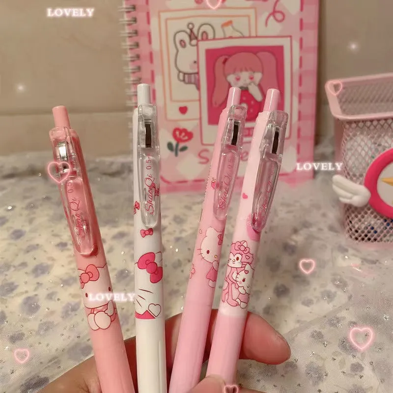 4Psc Sanrio Hello Kitty Anime 0.5mm Gel Pens Girls Stationery Pen Bulk Press Pen Kawaii Pink Student