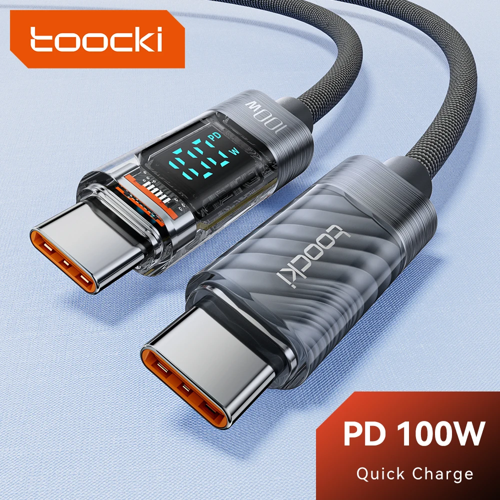 Toocki-Tipo C para USB Tipo C Display Cabo de carregamento  100W PD Cabo do carregador rápido para