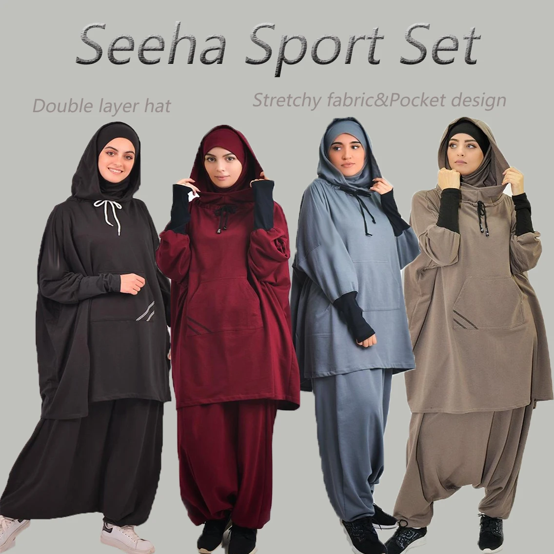Women's Hooded Sports Suit Muslim Hijab Dress Eid Prayer Wear Jilbab Abaya Long Khimar Full Cover