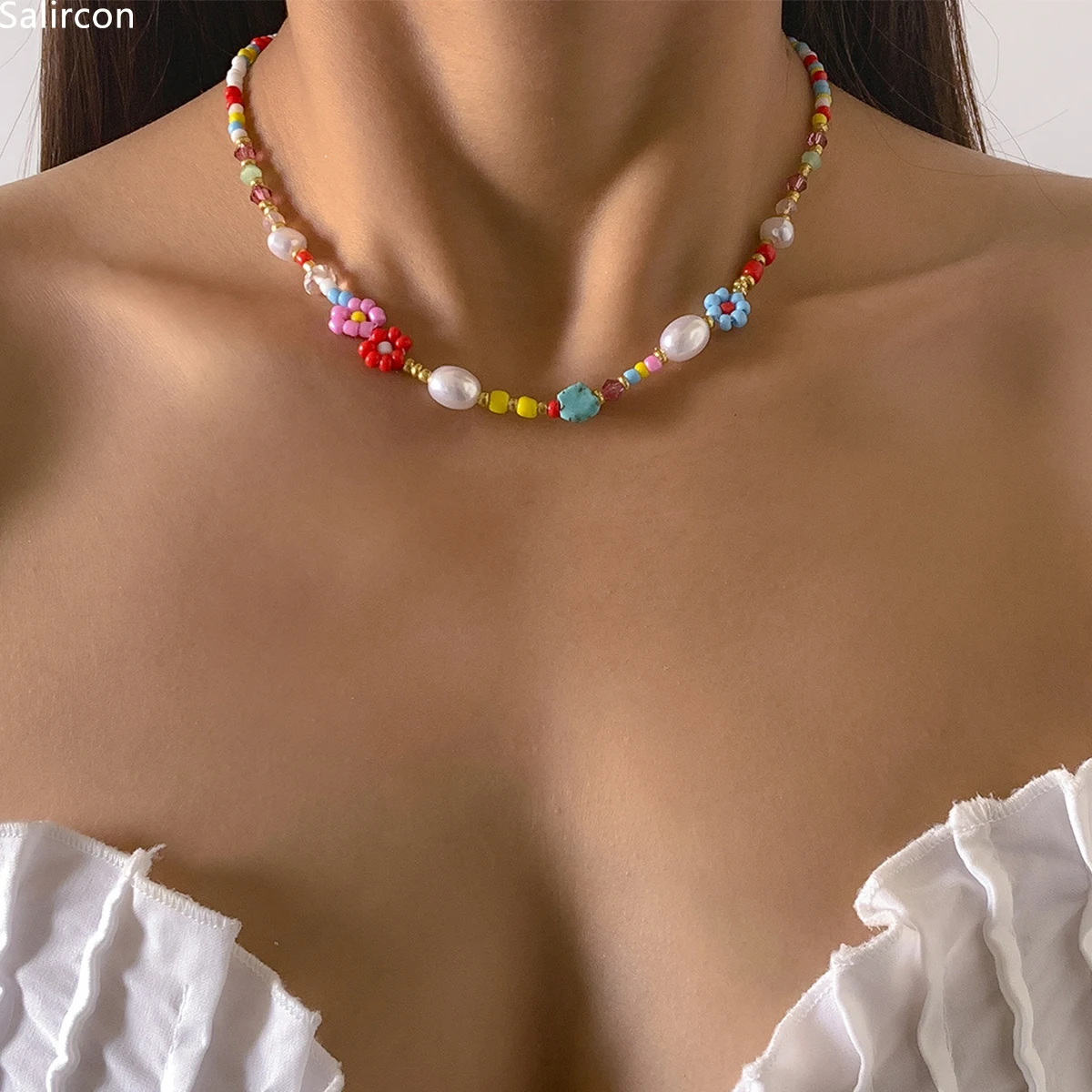 Baroque Simulated Pearls Cute Flowers Colorful Hand-woven Beaded Short Clavicle Chain Choker