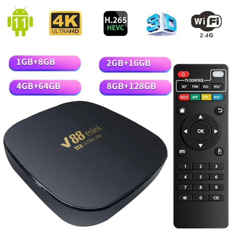 Mini caixa de TV inteligente V88  Android 11  Allwinner H3  Quad Core  WiFi  4G  4K  HD  H.265