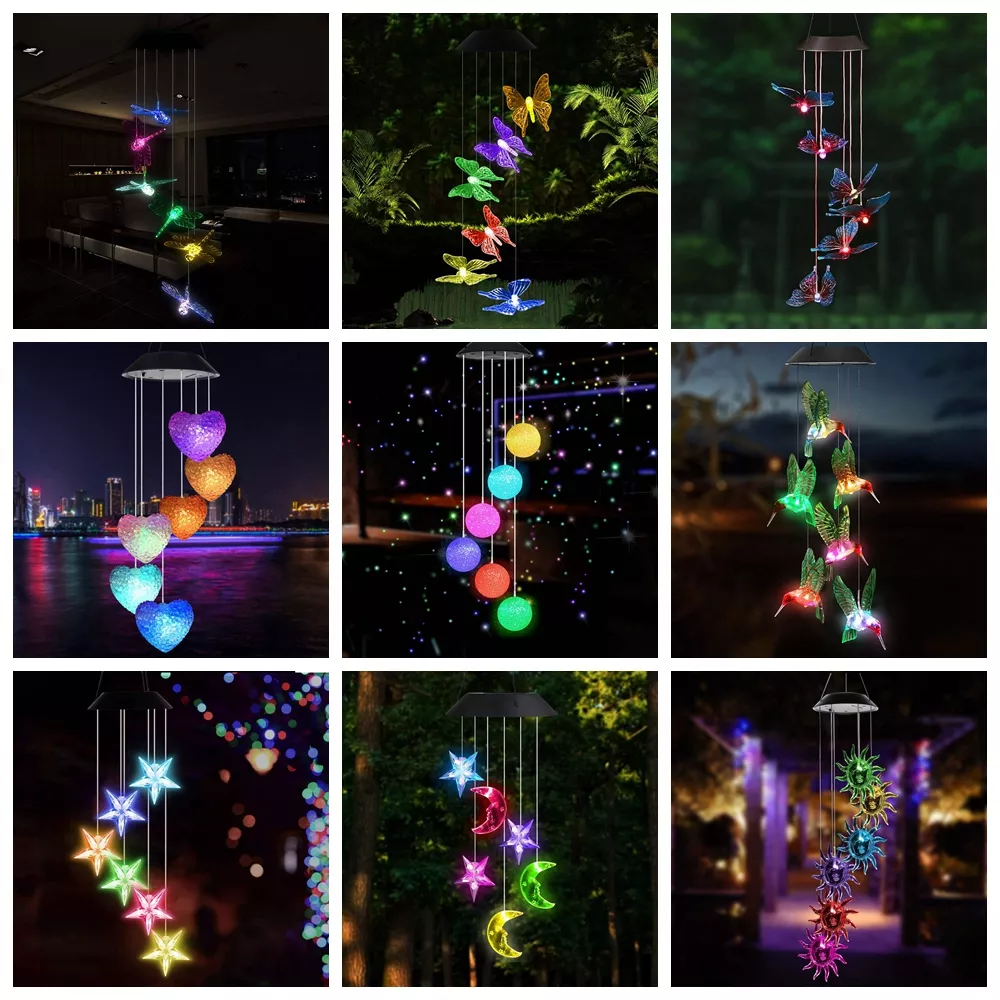 LED Solar Wind Chime Crystal Ball Hummingbird Wind Chime Light Color Changing Waterproof Hanging