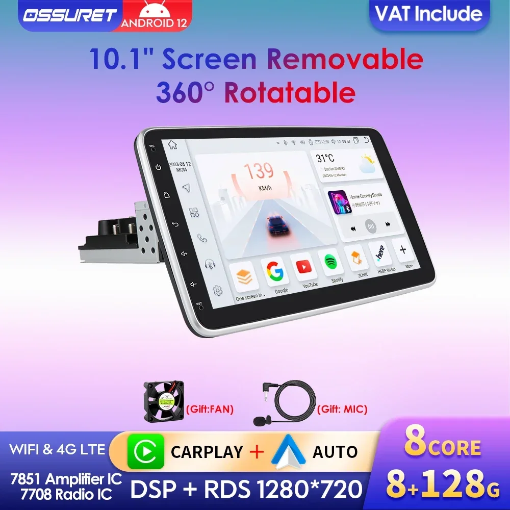 10,1 Zoll Octa Core Autoradio Android 12 Universal Car Radio Multimedia Player Schermo Estraibile