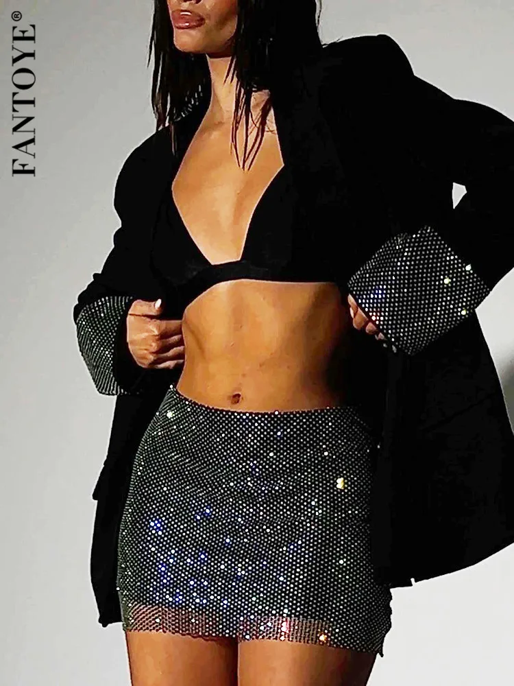 Fantoye Glitter Diamond Shiny Women Blazer Set Double Layer Blazer Fishnet Skirt Female Two Piece