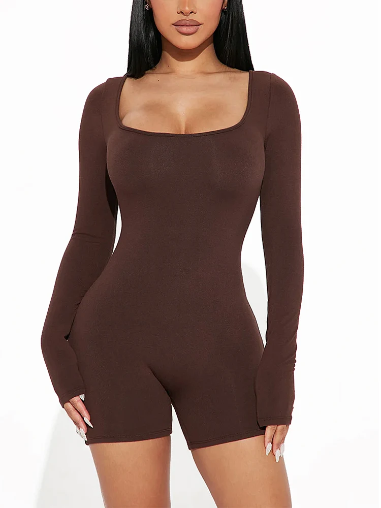 Fashion Long Sleeve Bodycon Jumpsuits for Women Short Pants Jumpsuits Rompers Crew Neck Sexy Tights