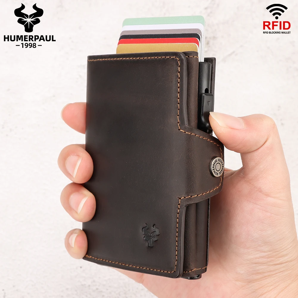HUMERPAUL Smart Pop Up Card Wallet for Men RFID Genuine Leather Card Case Slim Women Zip Coin Purse