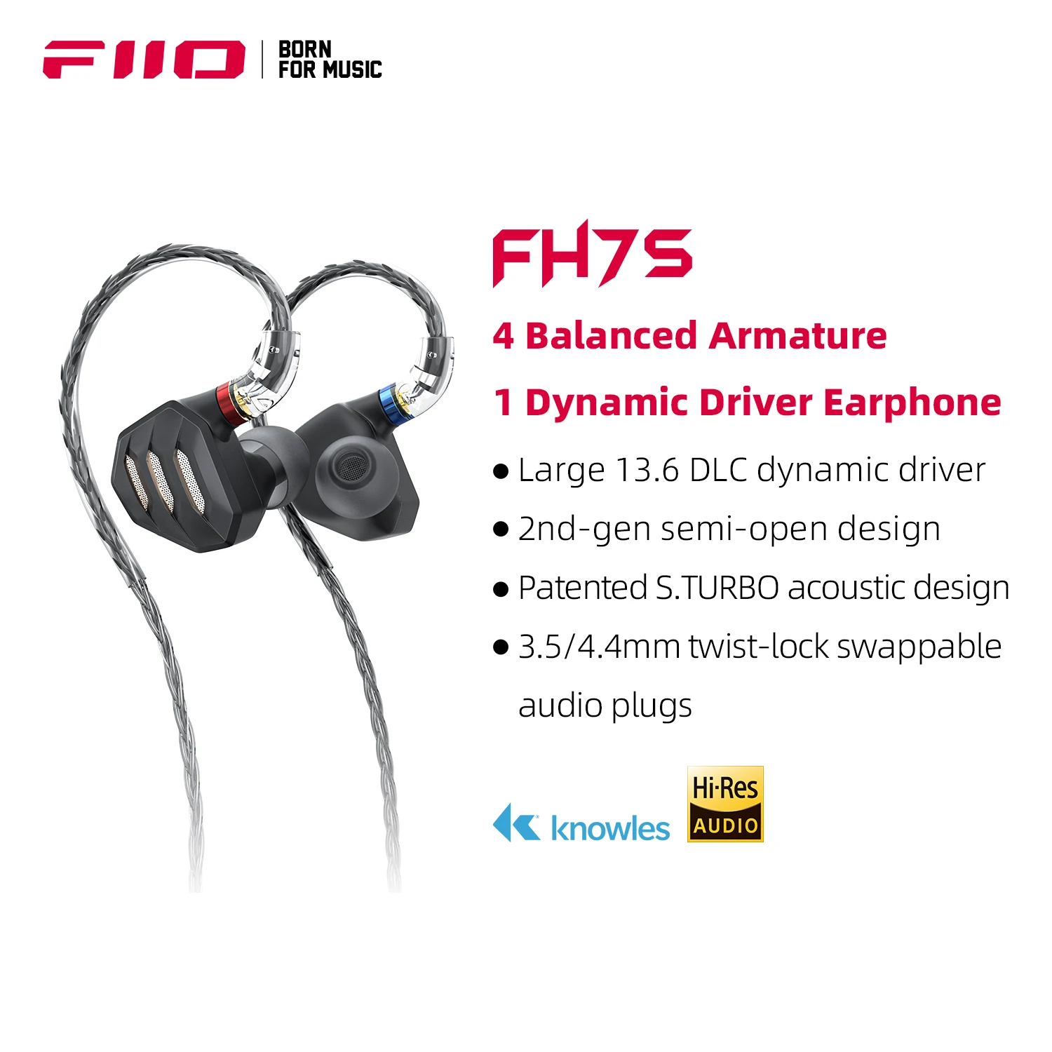 FiiO FH7/FH7S In-Ear Earphones High-Performance 1DD+4BA Hybrid Technology IEM Earbuds with 3.5/4.4mm
