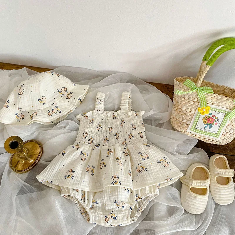 2PCS Summer Linen Floral Infant Newborn Baby Girls Bodysuit Active Babe Camisole One Piece Tutu