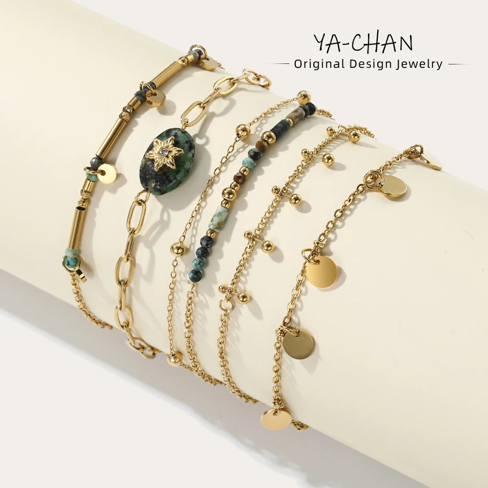 YACHAN 18K Gold PVD Plated Stainless Steel Chain Bracelets for Women Charm African Turquoise Natural