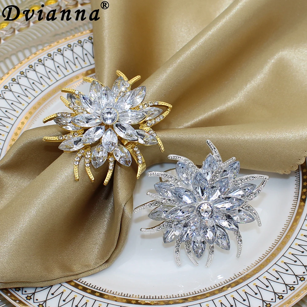 6Pcs Lotus Napkin Rings Holder Rhinestone Flower Napkin Buckles for Wedding Thanksgiving Christmas