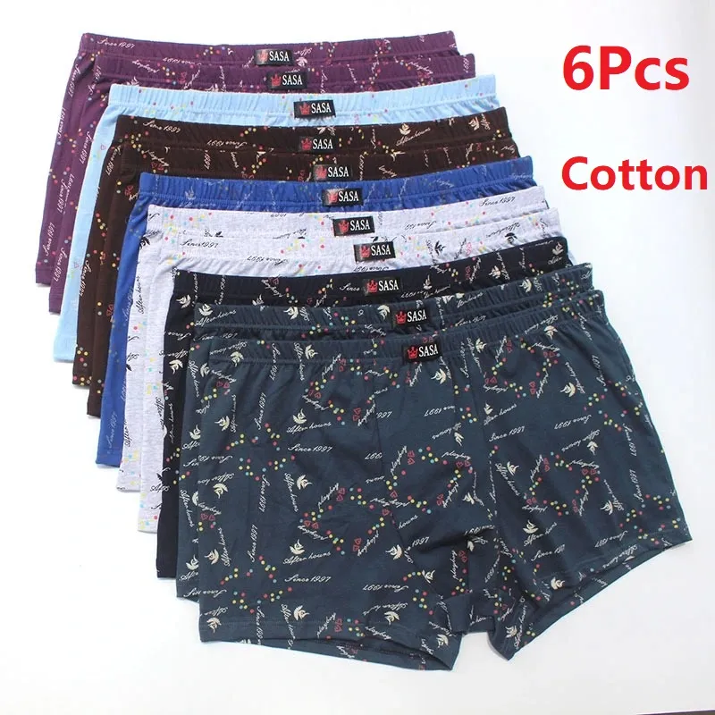 6Pcs/Lot Men'S Underwear Boxer Shorts Cotton Plus Size Loose Breathable Mid-Waist Print Sexy
