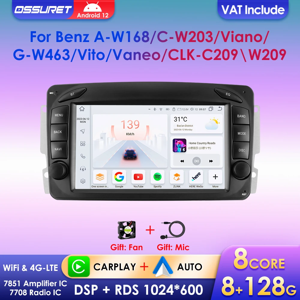 7 "Autoradio 2 Din Android 12 Carplay für Mercedes-Benz CLK W209 W203 W168 Vito Viano Stereo