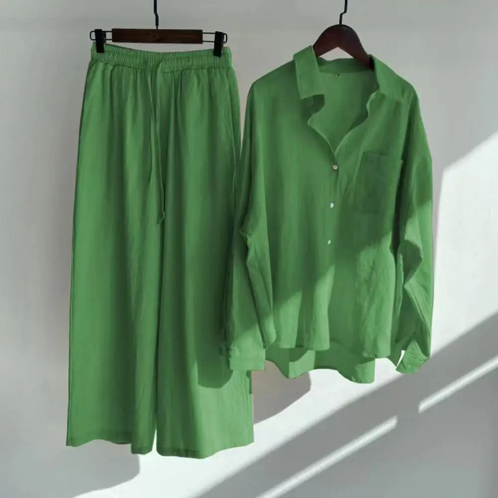 Women's 2 Piece Retro Cotton And Linen Shirt High Waist Slacks Suit Women's Outfit Loose Type High