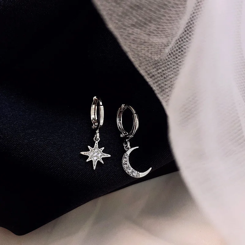 VENTFILLE 925 Sterling CZ Star Moon Asymmetric Hoop Earrings for Women Girls Gold Silver Color Party