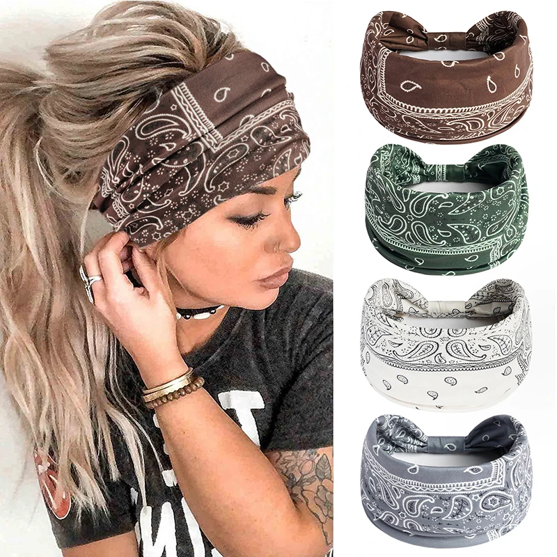 Boho Knot Turbans Yoga Elastic Head Wrap Women Headband Wide Hairbands Headwear Floral Bandanas
