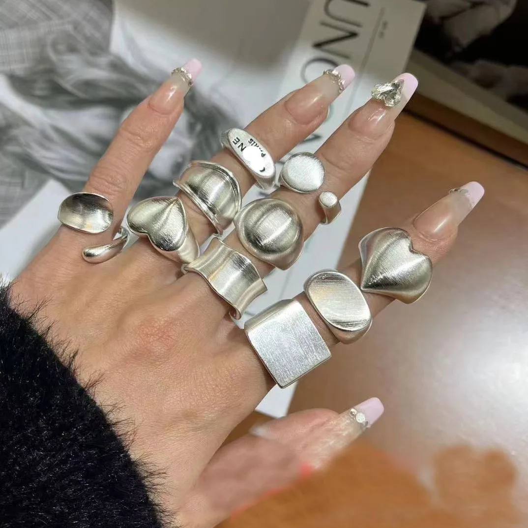 925 Sterling Silver Geometric Heart Shinning Rings For Women Simple Korean Fashion Open Adjustable