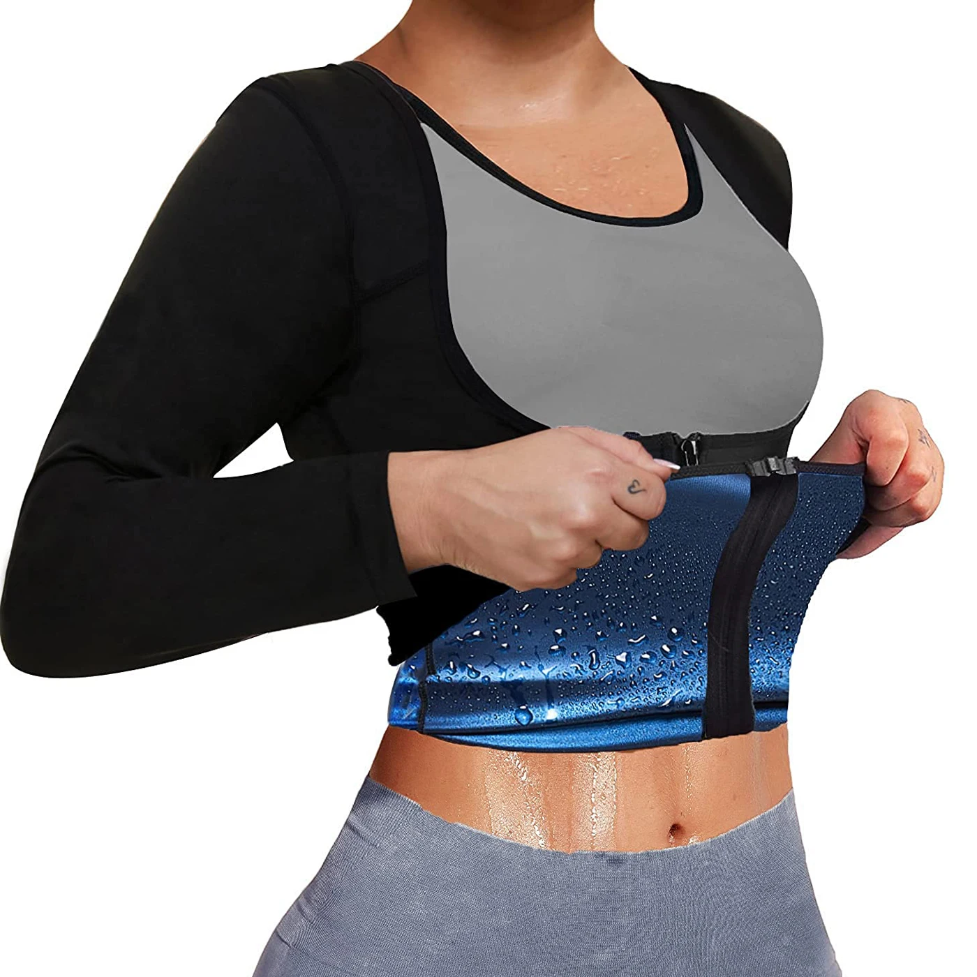 Vigorix Sauna Suit for Women Sweat Body Shaper Hot Waist Trainer Long Sleeve Zipper Shirt Workout