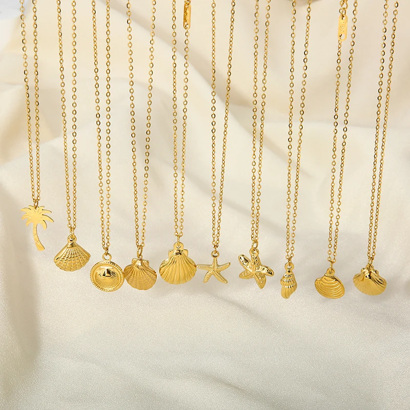 New 14k Gold Plated Stainless Steel Sea Snail Shell Starfish Coconut Palm Pendant Necklaces for