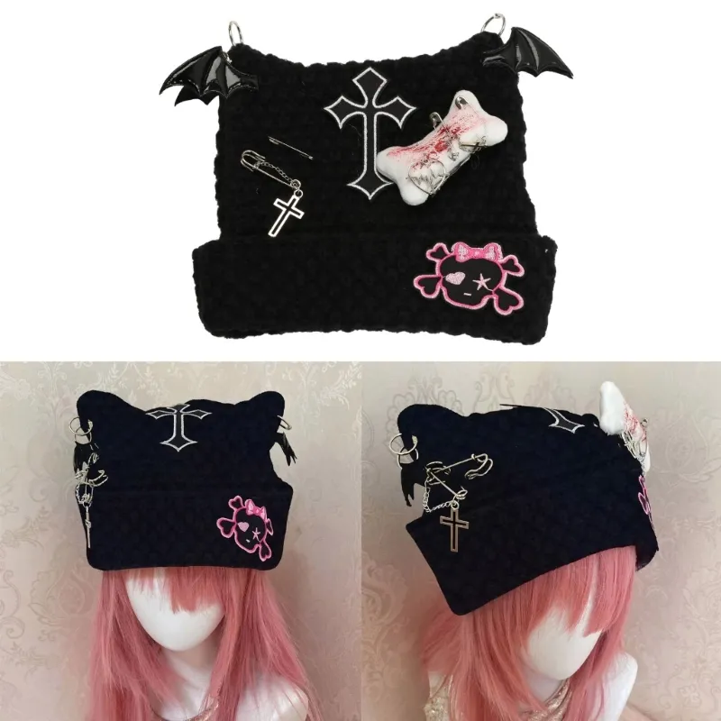 Elastic Punk Style Cat Ear Hat Black Knitted Hat with Dangle Jewelry for Women Keep Ear Warm Hat