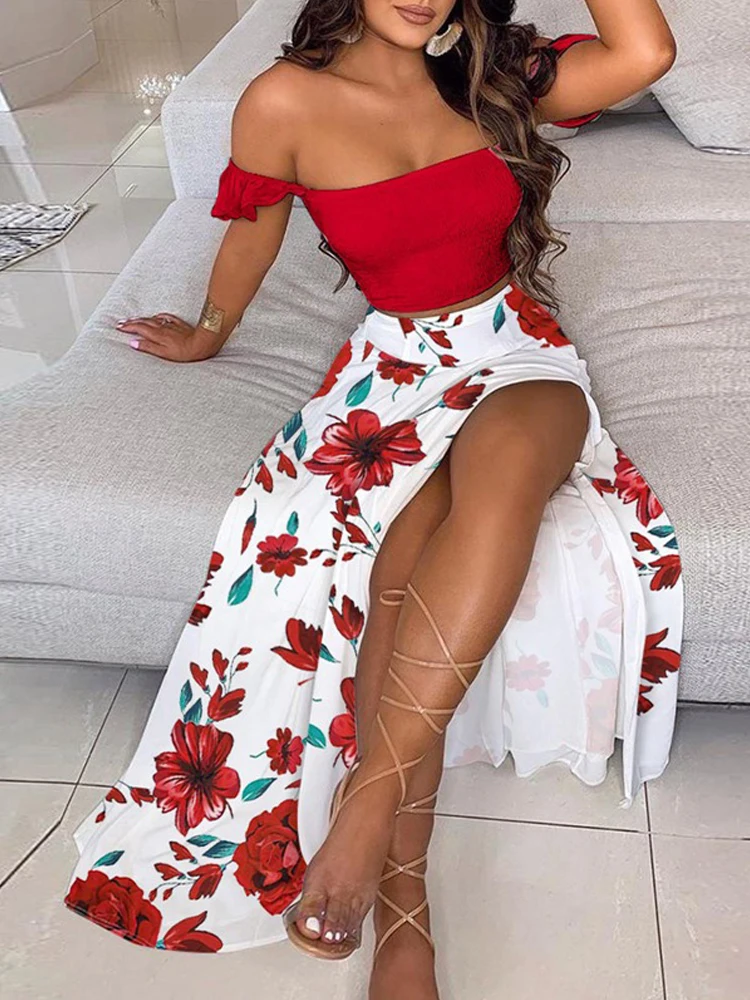 2023 New Long Dress Printed Mid length Dress Retro Bra Set for Women