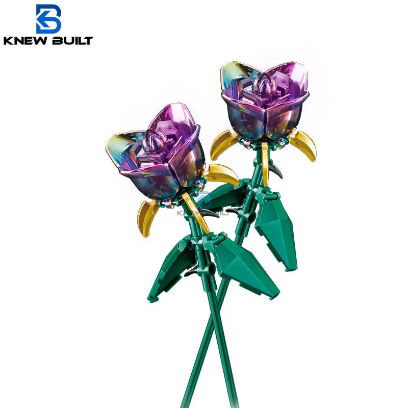 Knew Built Black Rose Flower Building Blocks 3D Model Bouquet Red Yellow Flower Brick Gift Home
