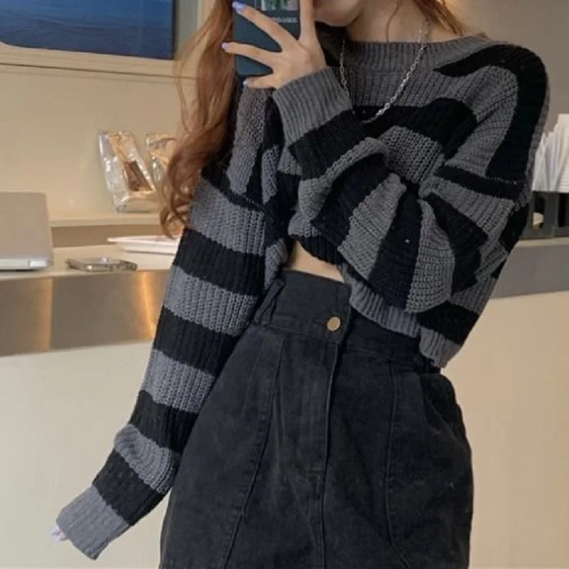 Deeptown Korean Style Striped Cropped Sweater Women Vintage Oversize Knit Jumper Female Autumn Long