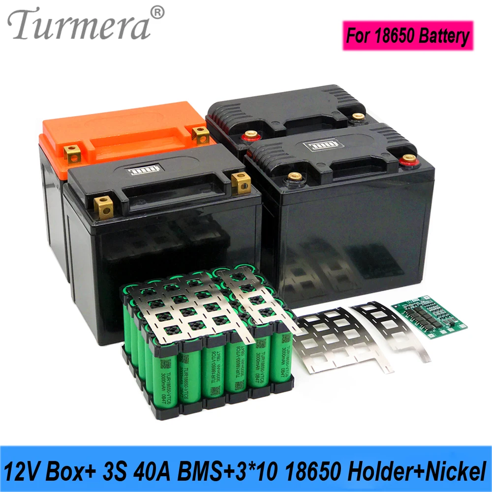 Turmera 12V 30Ah to 35Ah Motorcycle Battery Storage Box 3X10 18650 Holder 3S 40A BMS with Solder
