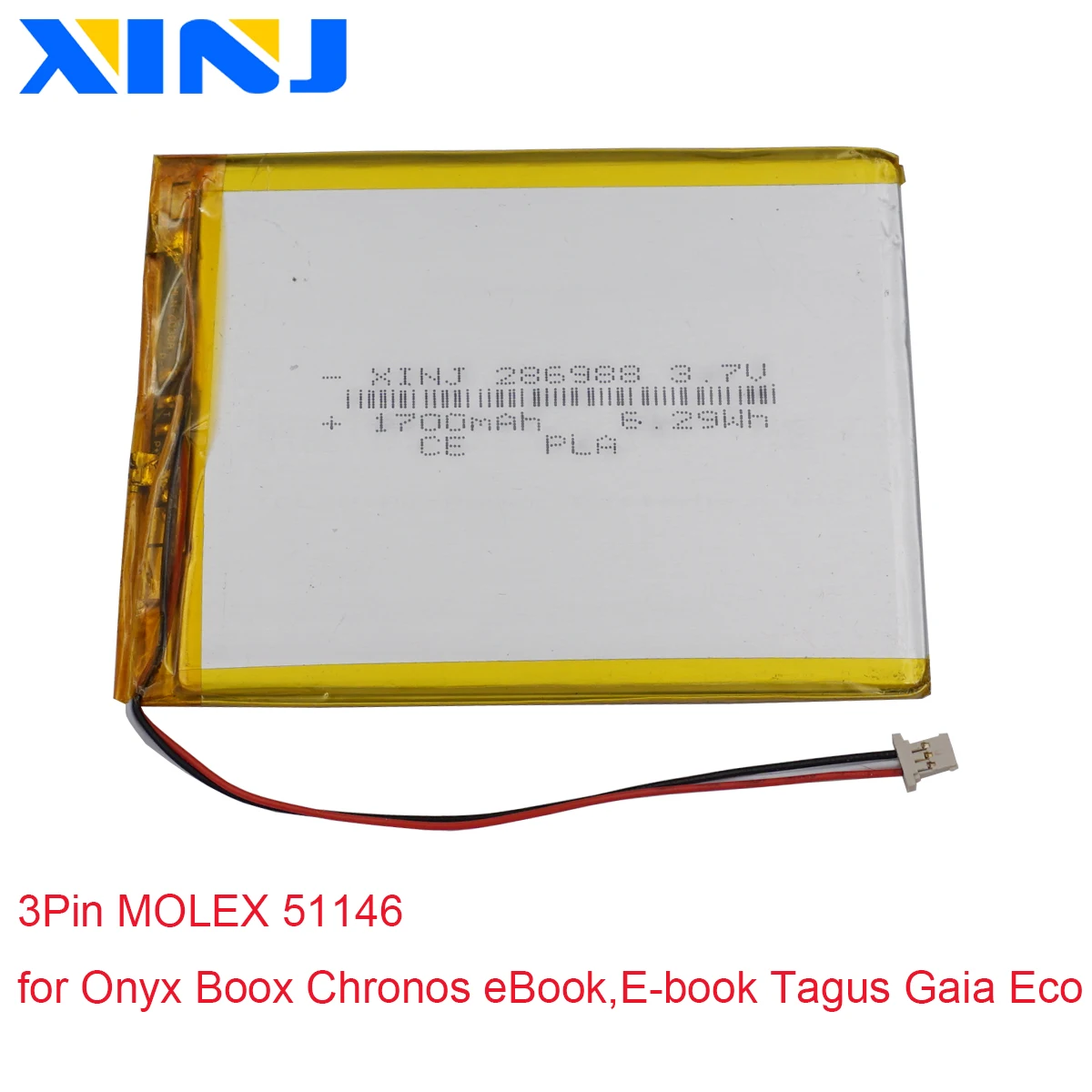 3.7V 1700mAh 6.29Wh Recarregável Li Lipo Bateria 286988 3Pin MOLEX 51146 Plug Para Onyx Boox Chronos