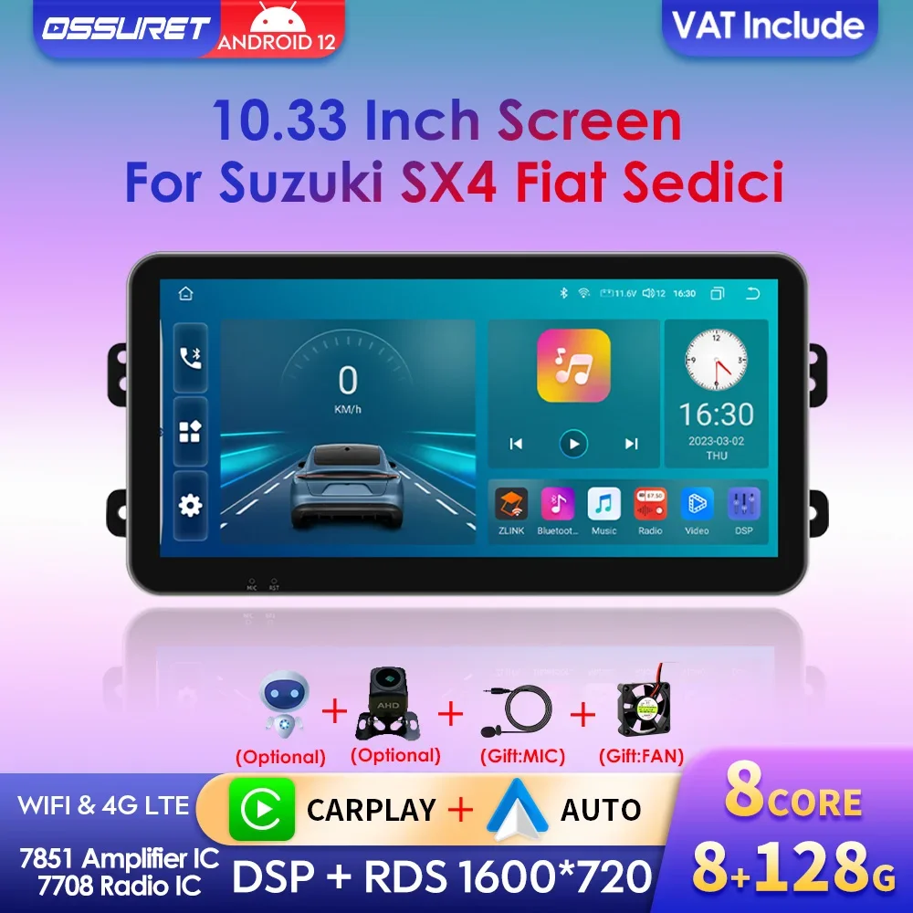 10,33-Zoll-Bildschirm Autoradio Stereo Carplay für Suzuki SX4 Fiat Sedici Android 12