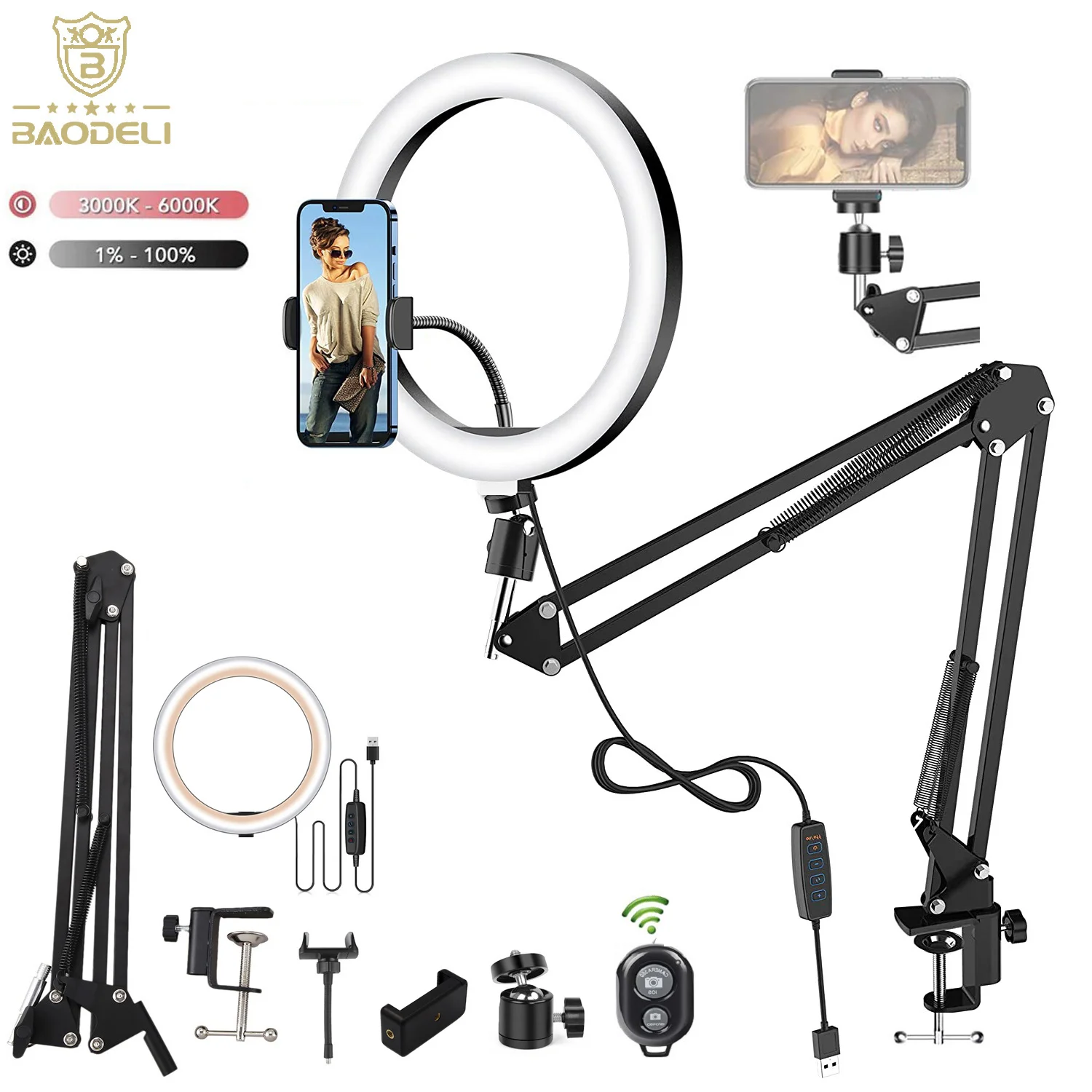 LED Selfie Ring Light Phone Stand With Folding Arm Circle Fill Light Dimmable Tripod Photography