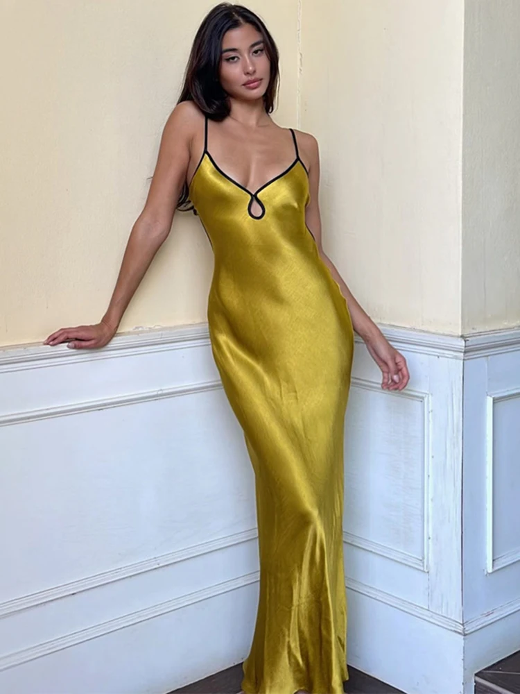 Hugcitar Sleeveless Slips Backless Patchwork Lace Up Cut Out Elegant Sexy Maxi Prom Dress 2023 Women