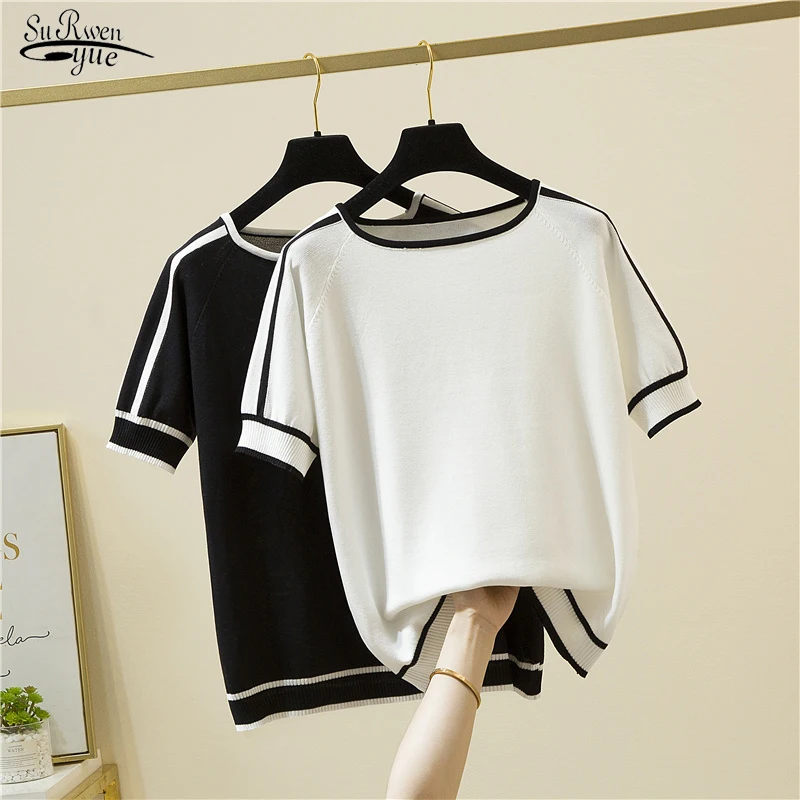 Casual Thin Knitted T-Shirt Camisetas Mujer Summer Short Sleeve Tops Elegant Woman Clothes Striped