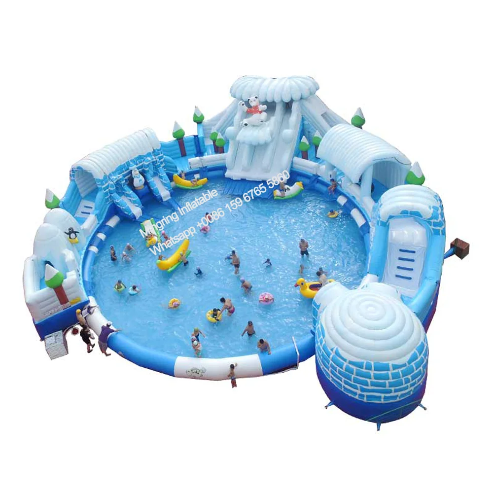 Commercial Mobile Giant Inflatable Ground Ice World Arctic White Bear Water Park Onland Water Slide
