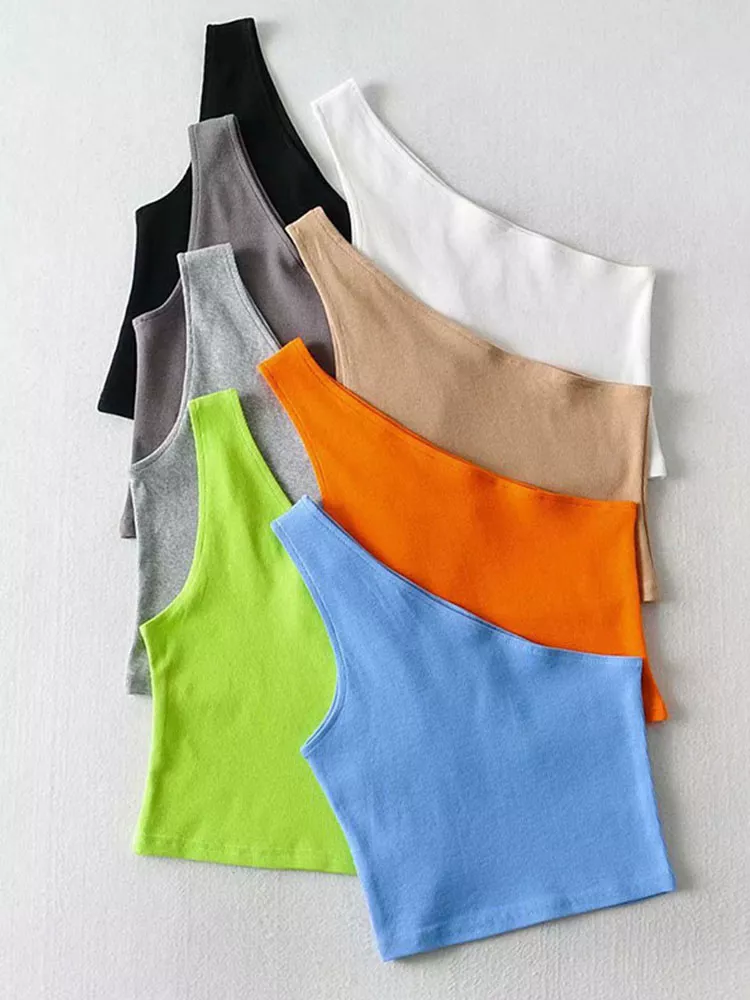 One Shoulder Cropped Tanks Top Women Summer Sleeveless Tanks Camis Sexy Oblique Collar Elastic