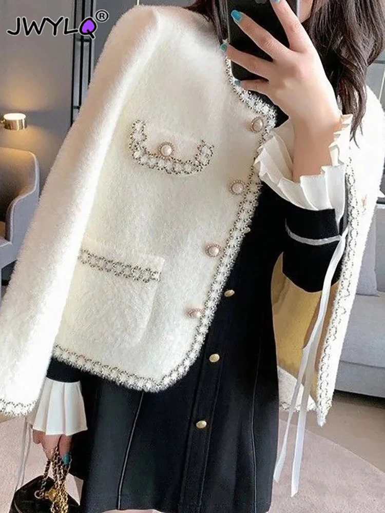 2023 Autumn Winter Imitation Mink Fleece Knitted Coats Korean Fashion O-neck Single-breasted