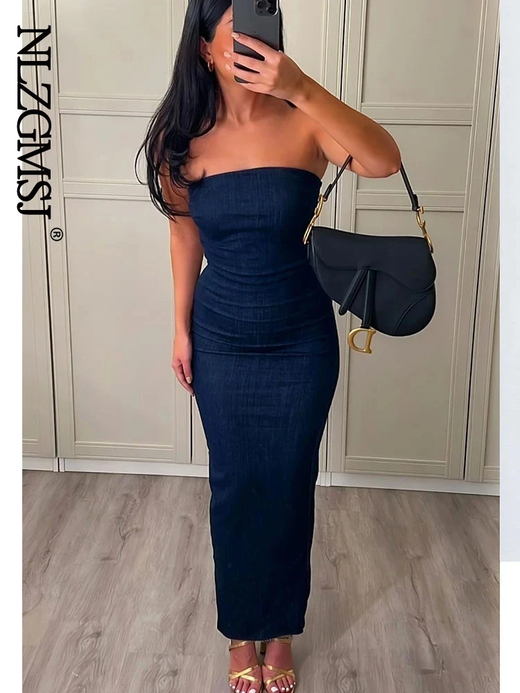 Nlzgmsj TRAF Sexy Strapless Backless Zipper Split Dress Party Blue Denim Female Long Dress for Women