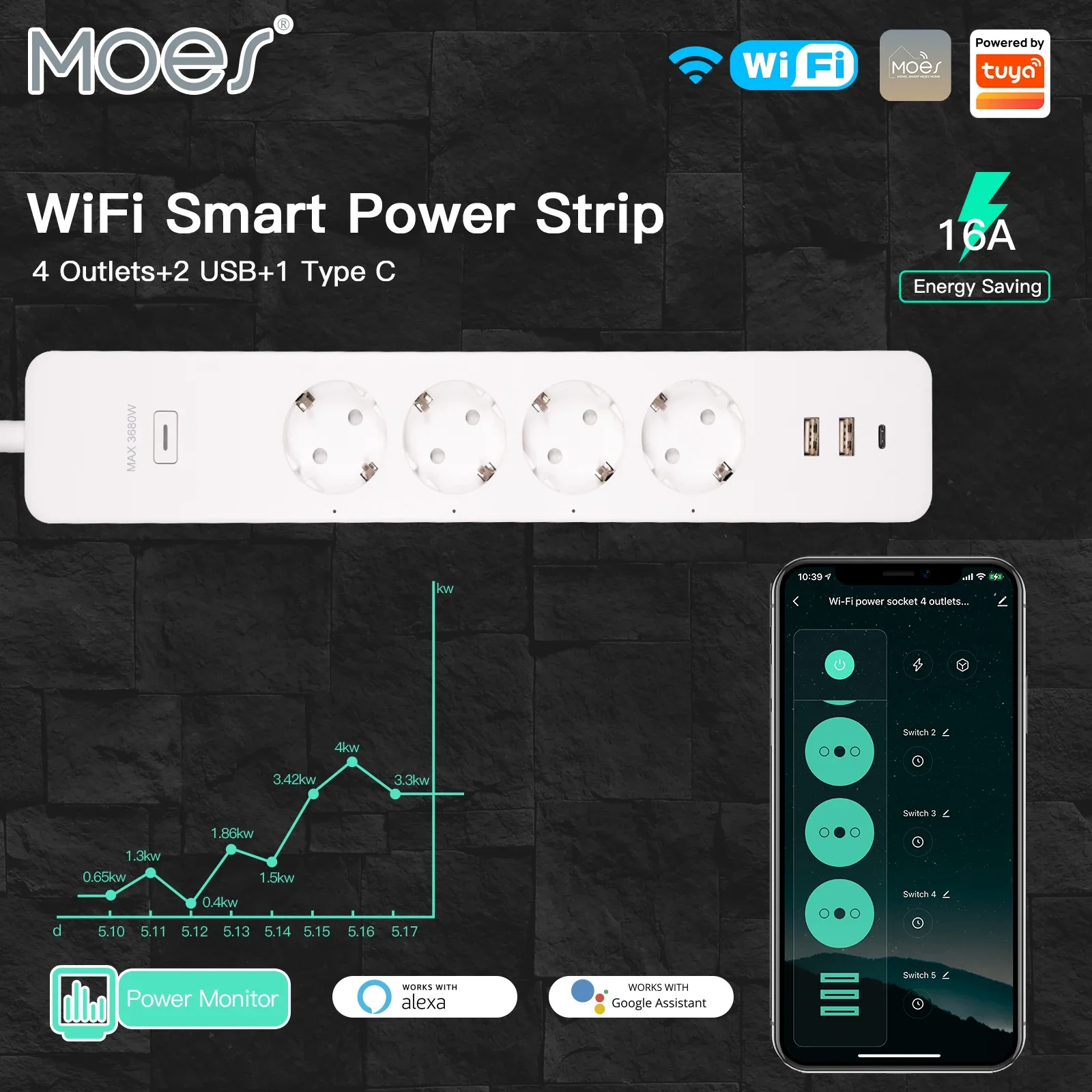 MOES WiFi EU Tuya Smart Power Strip Überspannungsschutz 4-Stecker Power Monitor Buchse mit 2 USB 1