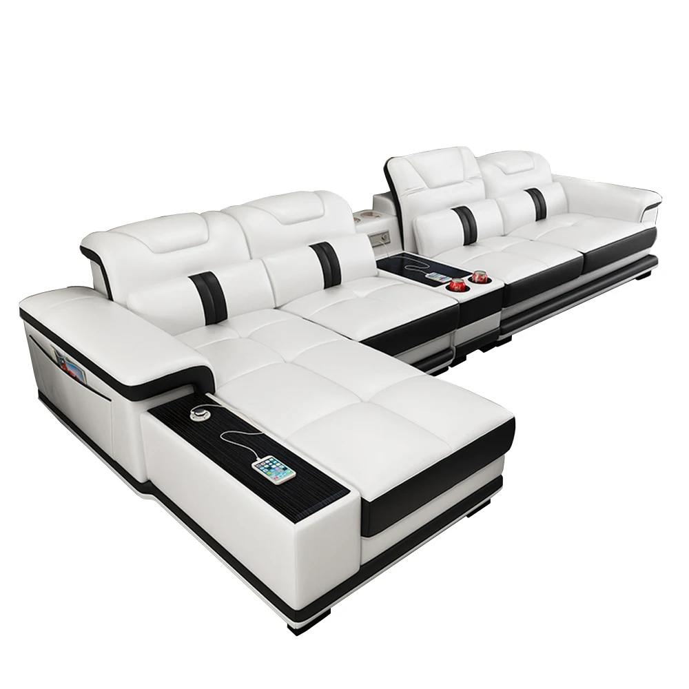 MANBAS Luxury Italian Genuine Leather Sectional Sofa Set with Bluetooth Speaker and USB Ports Cow