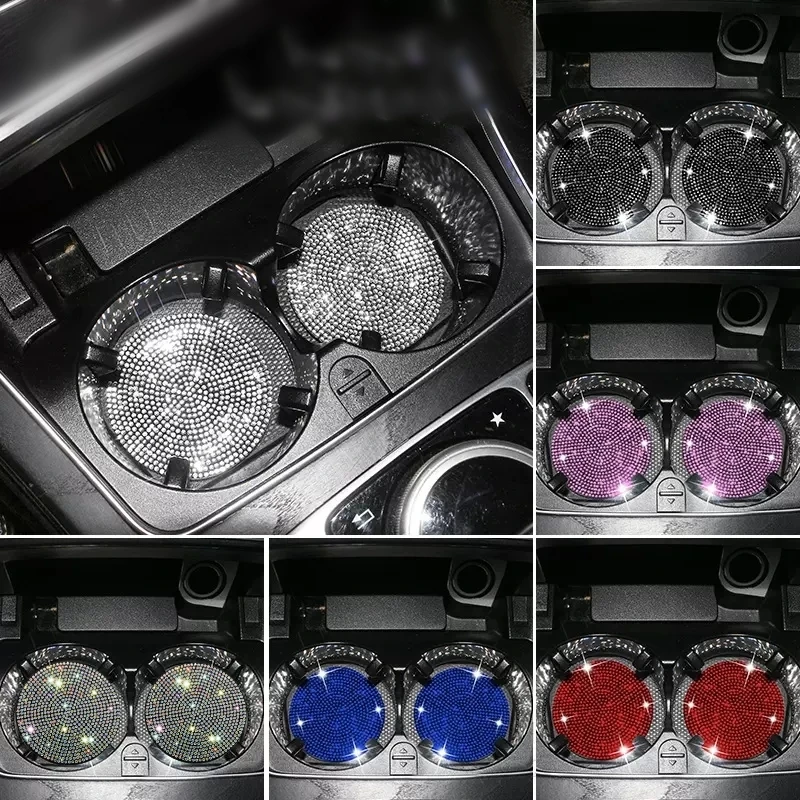2pcs Cute Bling Car Cup Holder Coaster Mat with Rhinestone for Women Girl Universal Anti Slip