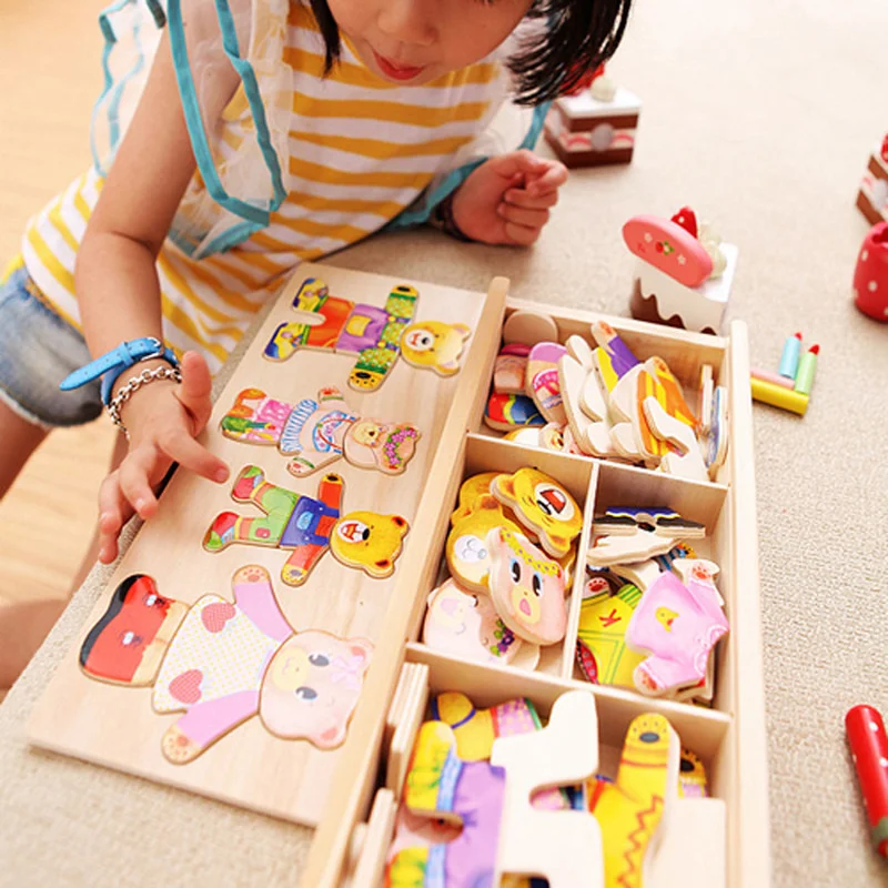 Cartoon Change Clothes Kids Early Educational Wooden Toy Jigsaw Puzzle Bear Dressing Game Montessori