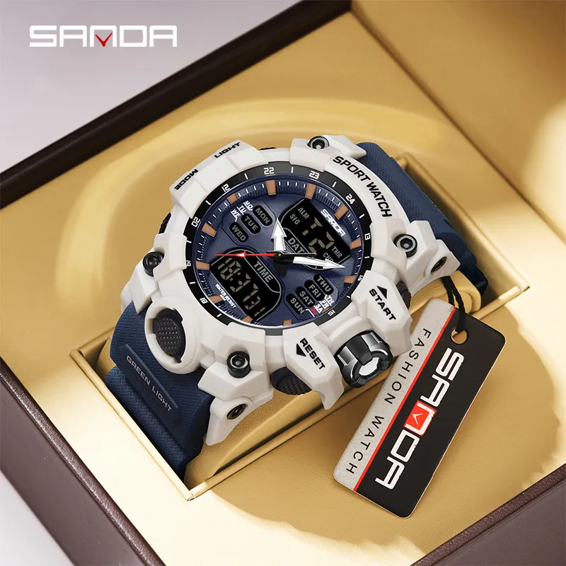 SANDA Dual Display Men Watches Waterproof Sports Watch Military Man Alarm Stopwatch Quartz